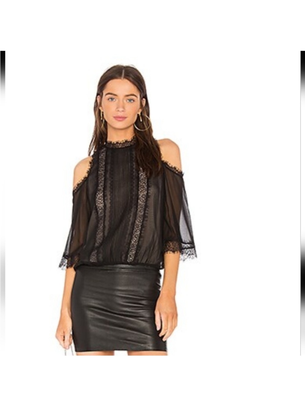 Alice + Olivia Glinda Black Silk Cold Shoulder Lace Trim Blouse XS